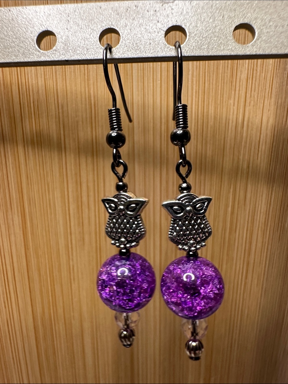 Owl Earrings with Purple Cracking Glass, Antiqued Silver Owls